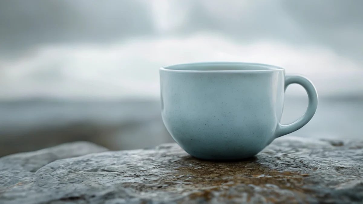 A ceramic cup, light blue, rounded, on stone, overcast daylight, shallow depth, photorealistic, sharp focus, high detail