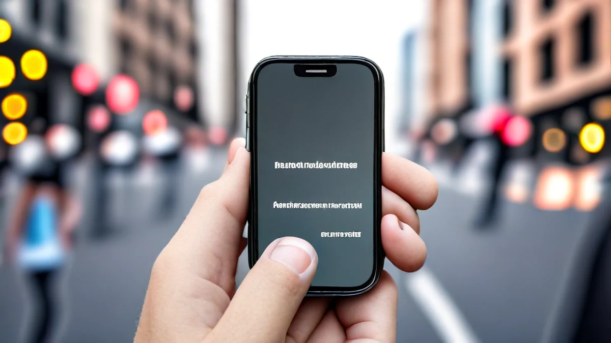 In einer belebten Stadtstraße hält ein Mensch einen Smartphone.