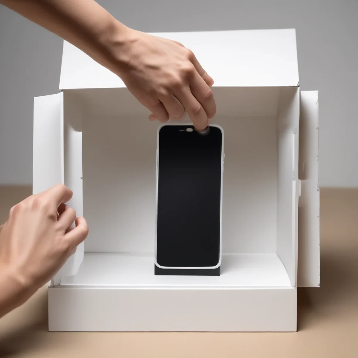Hands opening a cardboard box to reveal new electronic gadgets inside