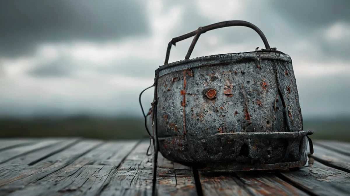 Iron fish trap with a metallic fish and surrounding environment.