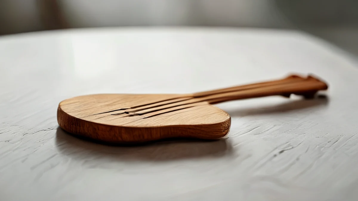 A wooden stick with a metal pick head, used for picking strings on a guitar.