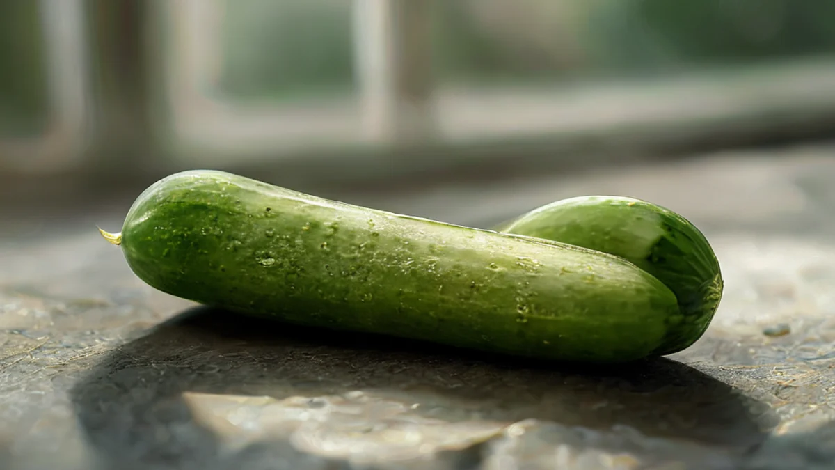 Una zucchina verde posata verticalmente su un fondo bianco.