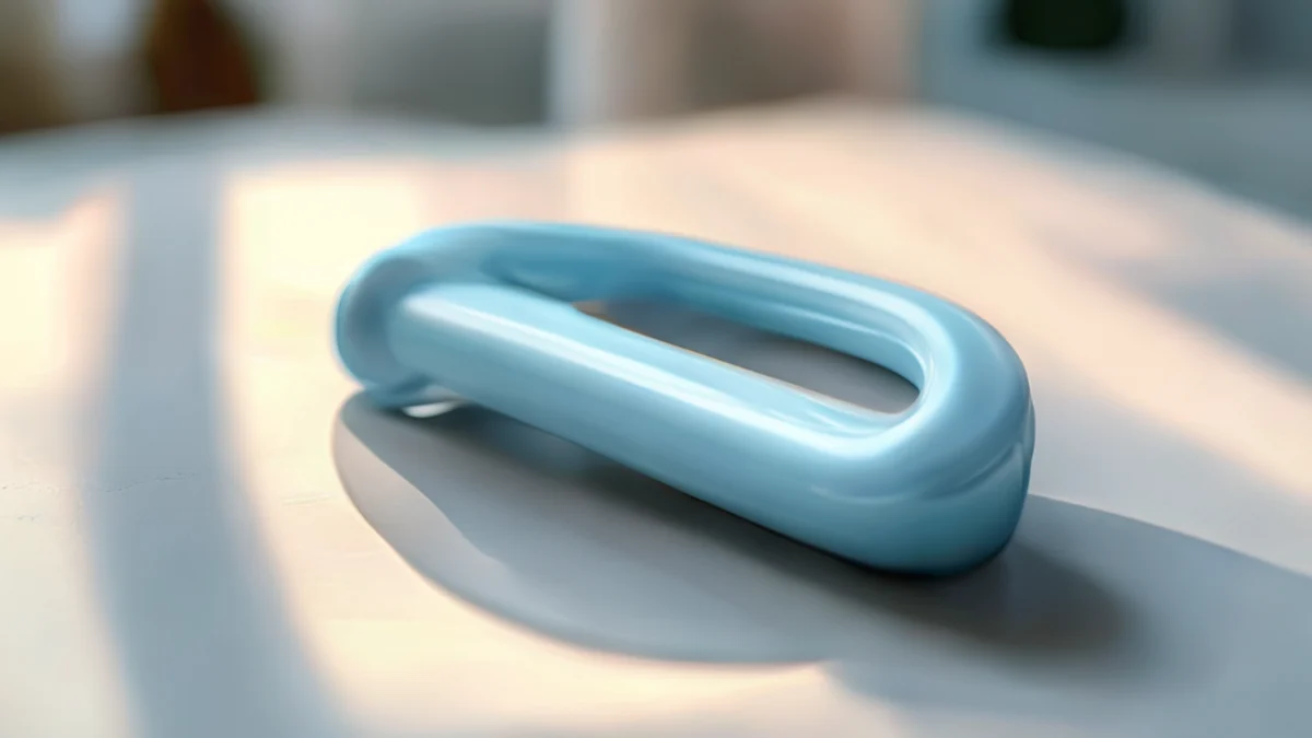 Plastik-Grip-Lever, glatte Oberfläche, hellblau, weißer Tisch, warmes Licht, flache Schärfe, photo-realistisch, scharfe Schärfe, hohe Details