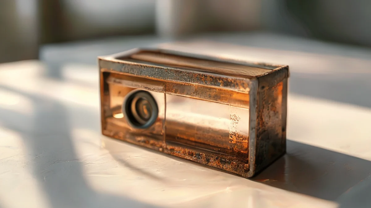 Linsen-Filter-Box, Metall, Rechteck, Rostig, auf weißem Tisch, warmes Licht, flaches Schärfenbereich, photorealistisch, scharfe Details