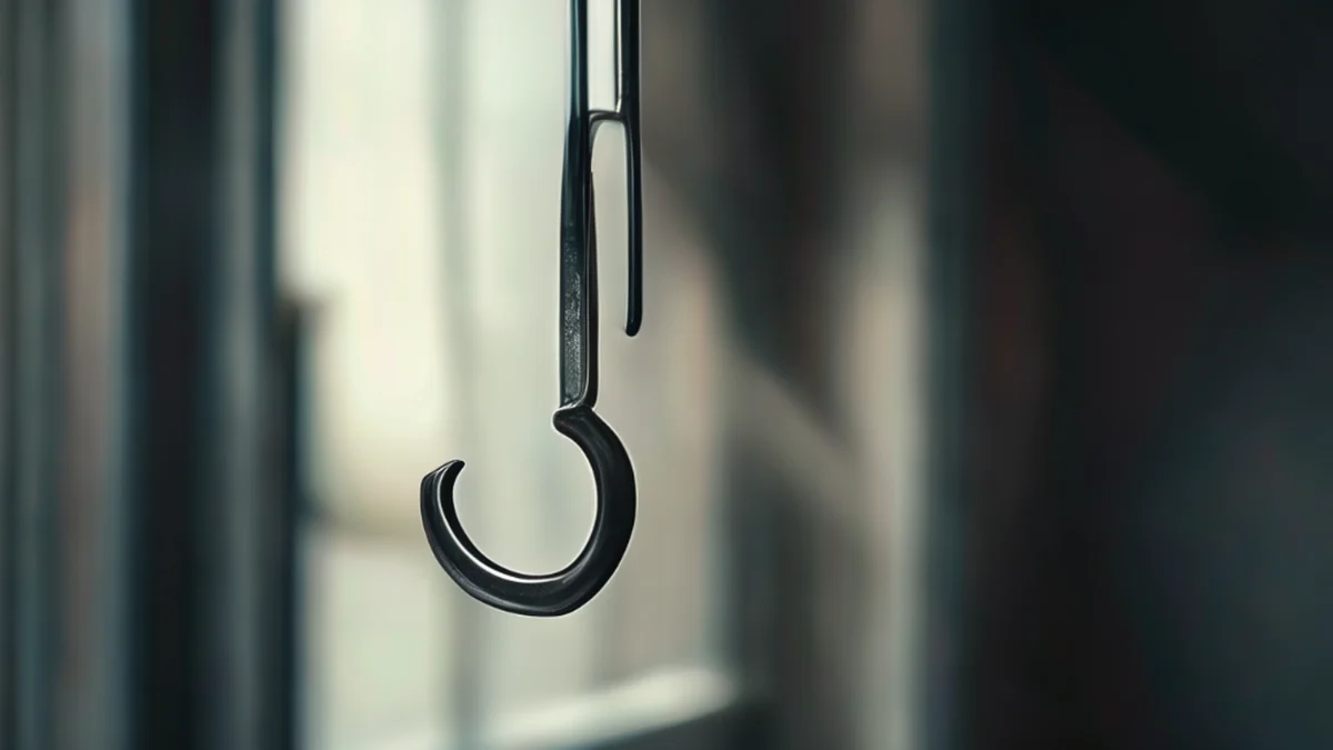 A steel hook with a sharp point and a smooth surface.
