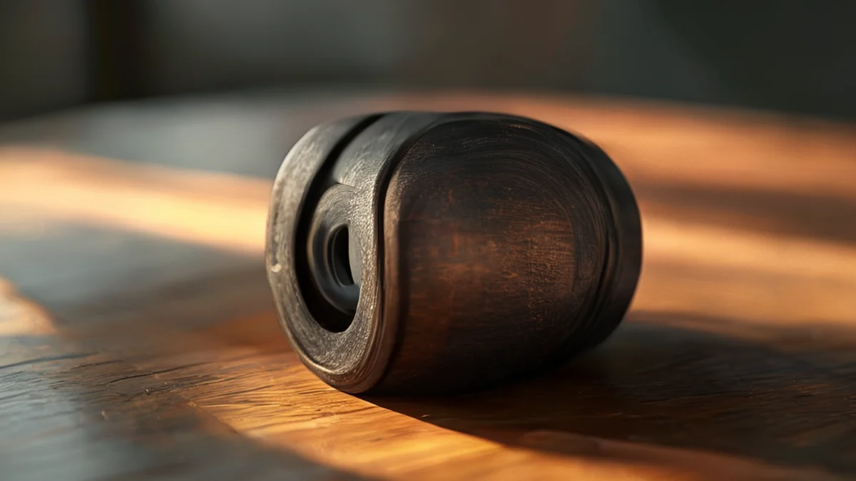 A single, cylindrical, dark steel reel with a rough surface and faint rust, resting on a plain wooden table under warm light.