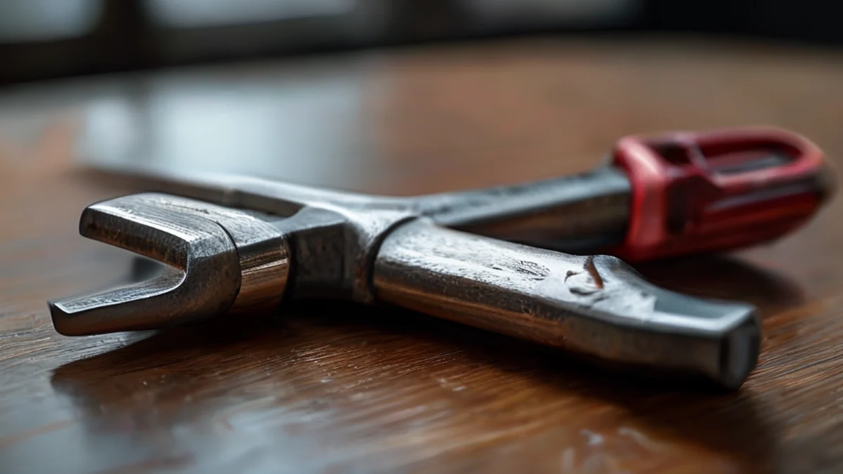 Een splitsvise met een waerk-achtig handvat en schroefkruiskop, gevoerd staal, in stukken, polijst, op een houten tafel onder zachte raamlicht.