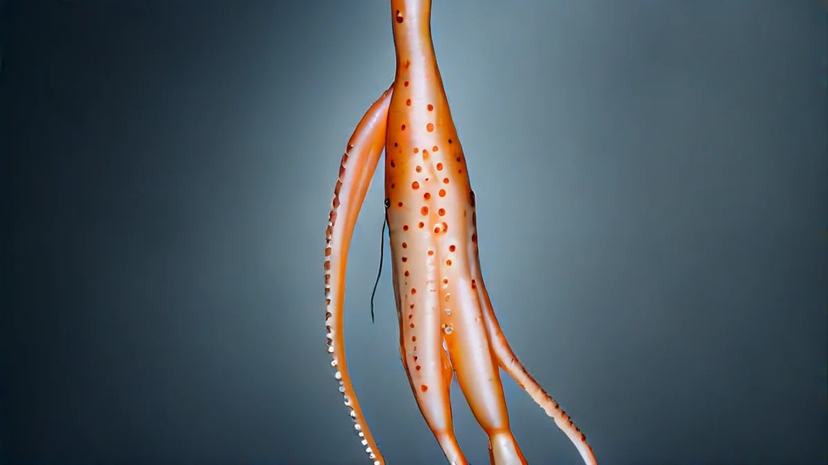 A squid is caught on a fishing hook in the water.