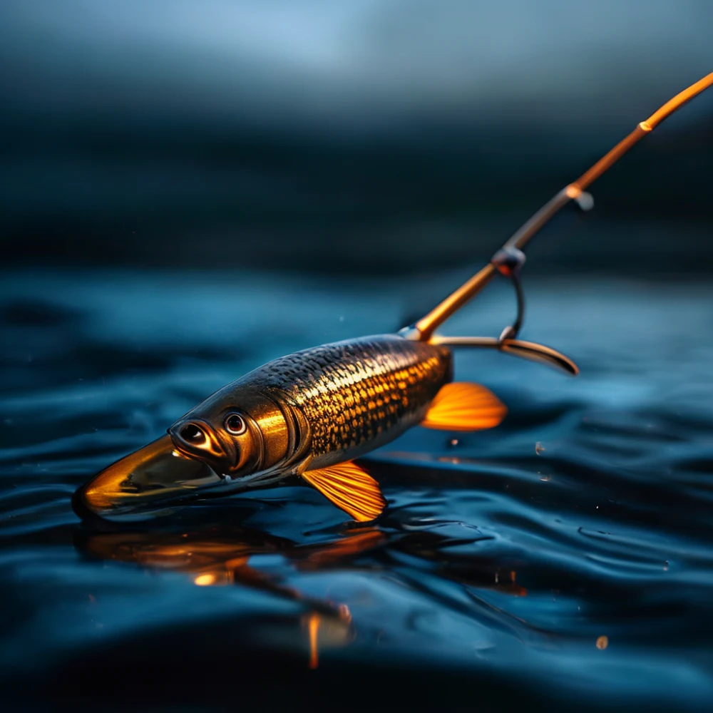 Fishing lure and hook on freshwater shore